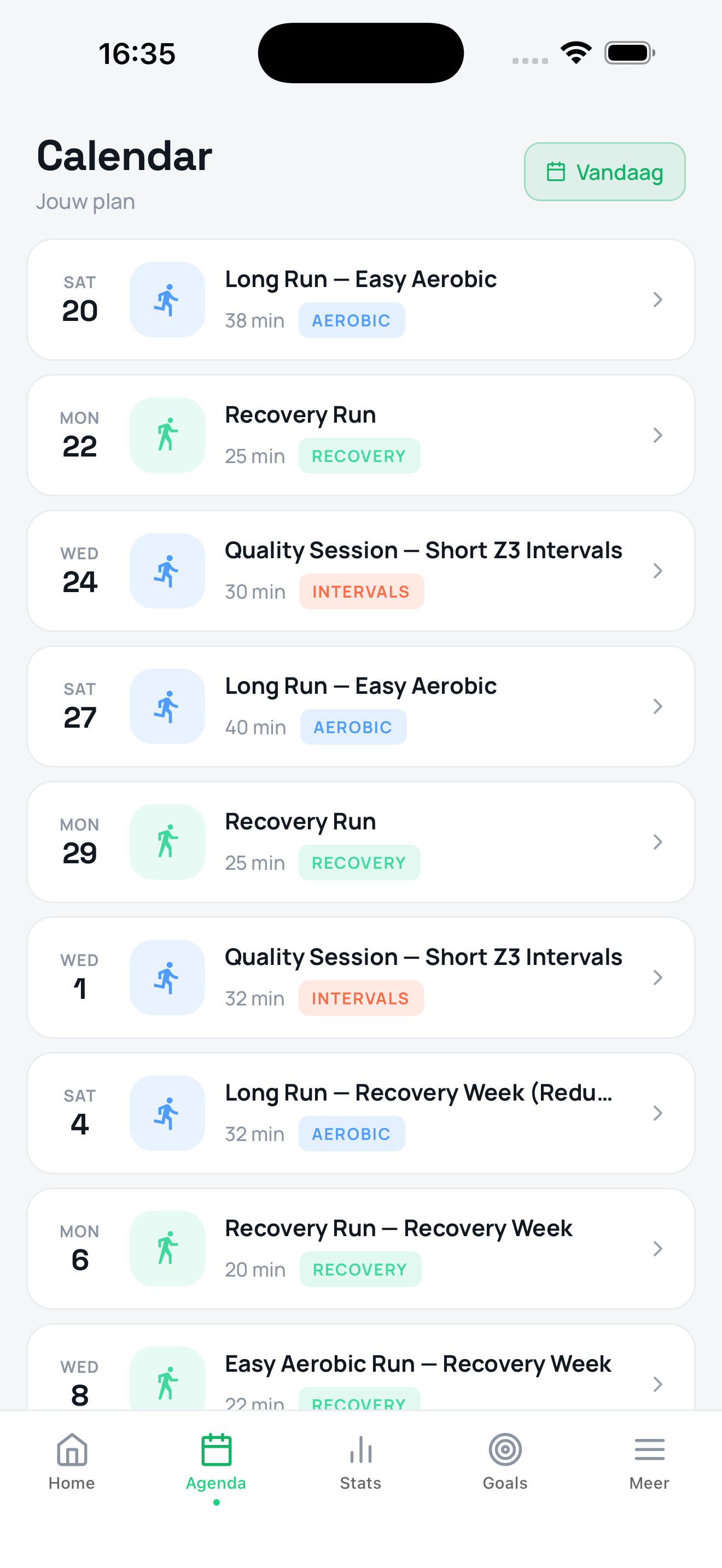 Training schedule calendar view
