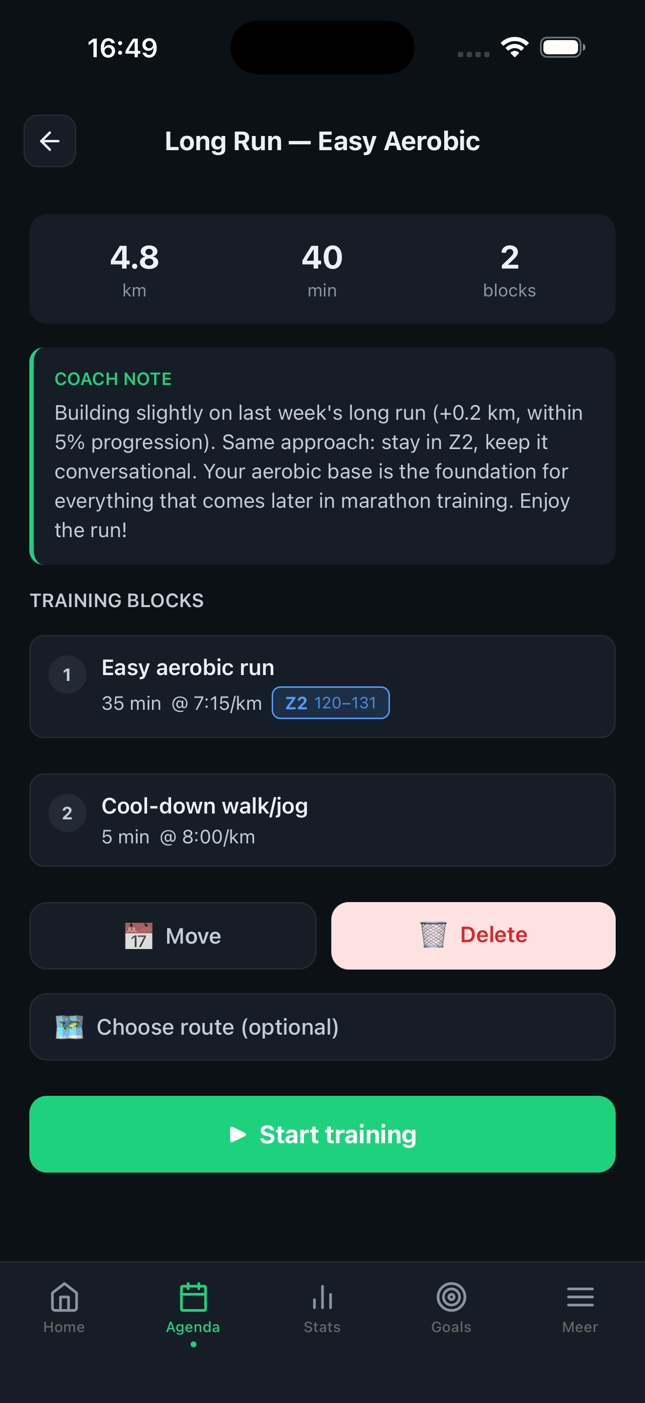 Training session detail with coach notes
